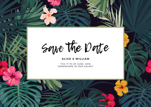 Tropical vector wedding invitation design with hibiscus flowers and exotic palm leaves on dark background.