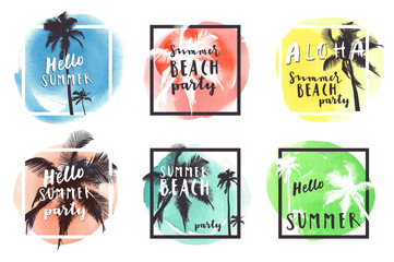 Hello Summer Beach Party. Aloha Summer. Watercolor hand drawn tropical vacation greeting cards