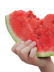 child's hand holding a watermelon slice - isolated on white background - 159296701
