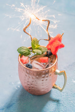 Patriotic Moscow Mule Cocktail With Watermelon And Blueberry