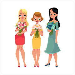 Three beautiful women, girls, friends standing, holding bunches of flowers, cartoon vector illustration isolated on white background. Happy smiling girls, women, friends holding bunches of flowers