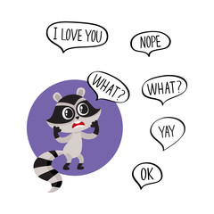 Little raccoon character unpleasantly surprised, exclaiming What and additionally phrase, cartoon vector illustration isolated on white background.