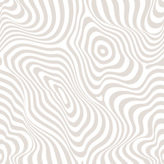 Vector seamless pattern, curved lines, striped pastel background, white & beige. Abstract dynamical rippled texture, 3D visual effect, illusion of movement, curvature. Pop art design, repeat tiles