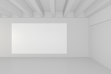 Blank white billboard in empty room with big windows, mock up, 3D Rendering.