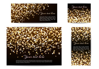 Set of banners of different sizes with falling stars of confetti on a dark background