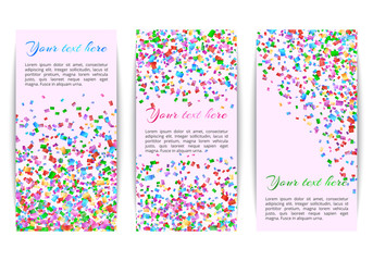 Collection of banners with colored confetti on bright colorful background
