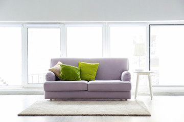 Modern living room with grey couch