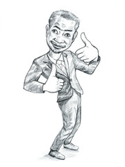 Pencil drawing caricature of businessman showing two thumbs up