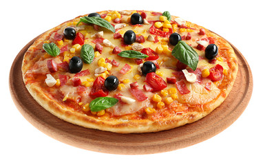 Wooden plate with tasty pizza isolated on white