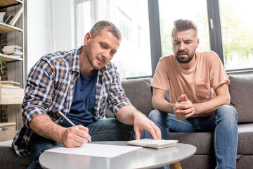 Serious homosexual couple sitting together and counting family budget at home