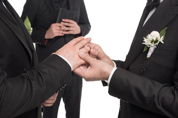 cropped shot of homosexual couple exchanging rings at wedding ceremony
