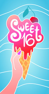 Melting and dripping ice cream in a waffle cone with a ripe cherry on top in girl's hand on blue wavy background. Cute teenage girl birthday party cards and invitations design. Sweet 16 celebration.