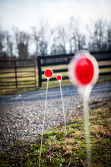 Red warning signs on the side of a gravel road