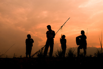 Group of happy children playing on meadow at sunset, silhouette