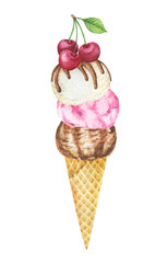 Watercolor waffle cone with chocolate, vanilla and fruit ice cream decorated with cherries.