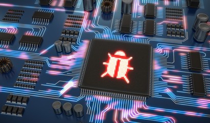 Malware or virus inside microchip on electronic circuit. Internet security and anti virus protection concept. 3D rendered illustration. - obrazy, fototapety, plakaty