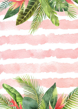 Watercolor card tropical leaves and branches on the background of stripes.