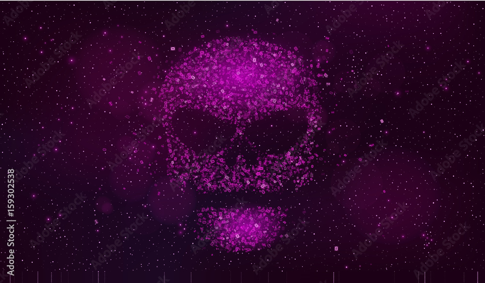 Poster a large purple skull made of binary code symbols in outer space. hackers broke the computer system. 