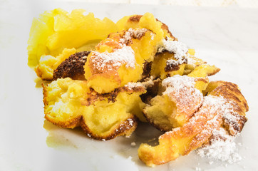 kaiserschmarrn, served with homemade apple compote and powdered sugar