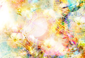 Zodiac collage in cosmic space. Abstract color background.