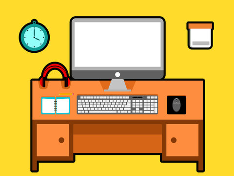 Computer Vector in workspace with cartoon style