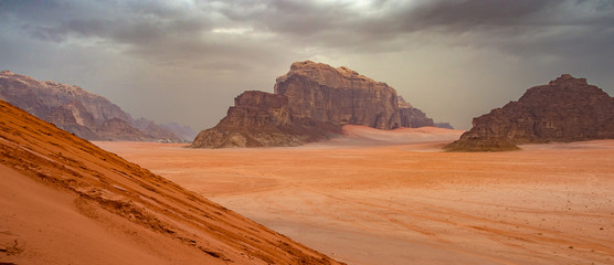 Wadi Rum desert landscape stormy sky