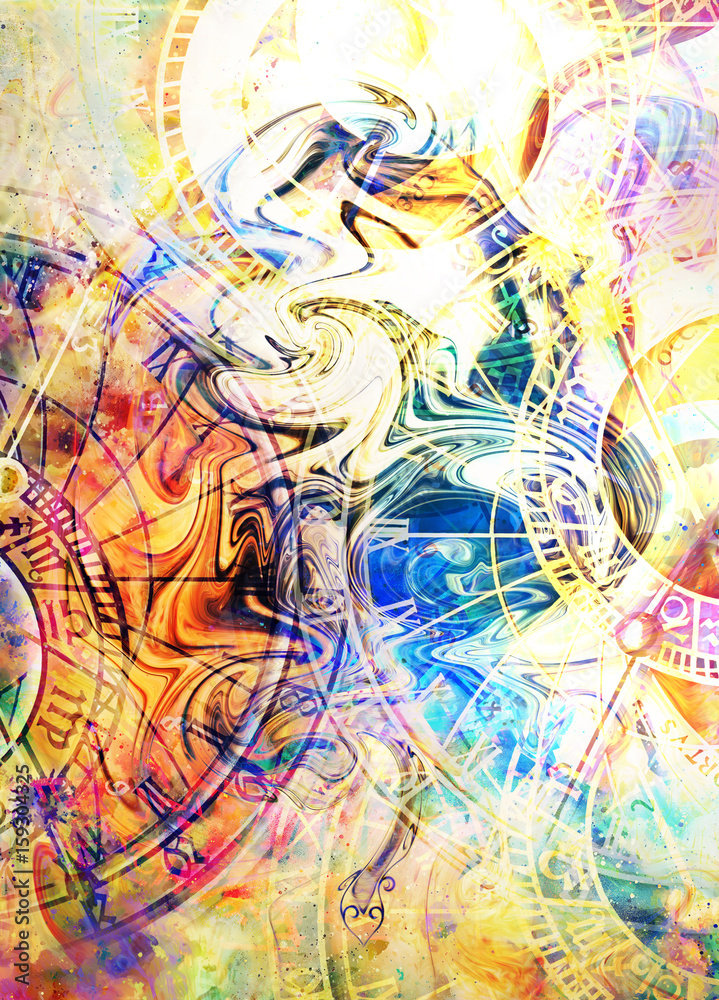 Poster old clock and zodiac collage. abstract color background.