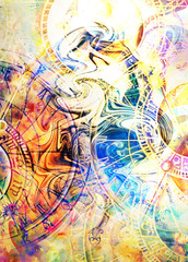 Old clock and zodiac collage. Abstract color background.