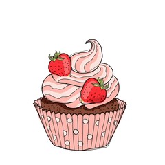 Hand drawn cupcake. Sweet bakery. Cupcake with strawberries isolated on white. Sketch.