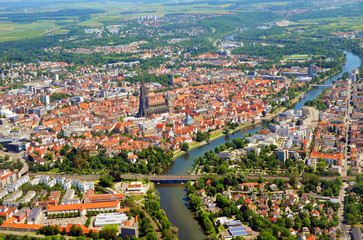 Closer Aerial view of Ulm Minster (Ulmer Münster) and Ulm, south germany on a sunny summer day