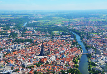 Closer Aerial view of Ulm Minster (Ulmer Münster) and Ulm, south germany on a sunny summer day