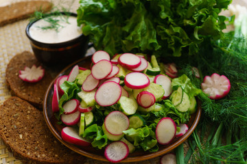 Salad of fresh vegetables and greens, dressed with sour cream.