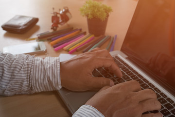 Looking for direction and inspiration, Business working at an office, Office desk table with computer, supplies, flower. Top view. Copy space for text, love job vintage