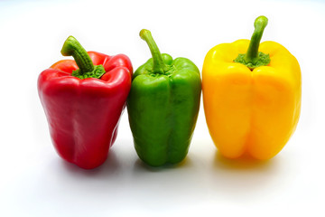 Red green yellow color bell pepper isolated on white background