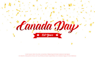Canada Day. Canada 150 Years anniversary banner with gold falling confetti. Canada Independence Day