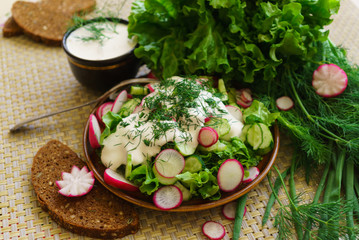 Salad of fresh vegetables and greens, dressed with sour cream.