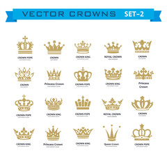 Vector collection of creative king, queen, princess, pope crowns symbols or logo elements
