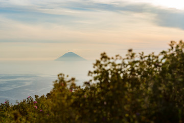 Volcano Stromboli view at sunrise sunset from Salina Eolian island in summer