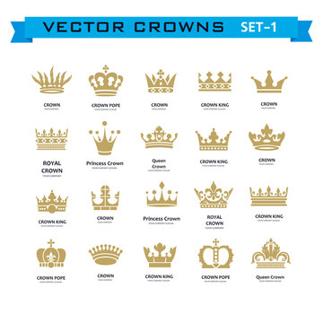 Vector collection of creative king, queen, princess, pope crowns symbols or logo elements