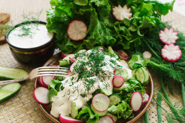 Salad of fresh vegetables and greens, dressed with sour cream.