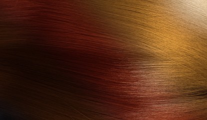 3D rendered illustration of colorful female hair with gradient palette from black, red to blond.