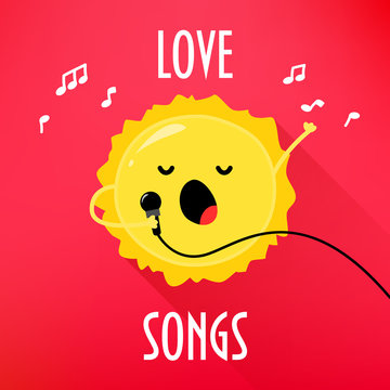 Cartoon sun with microphone sings love songs. Cute music card for karaoke album. Flat style. Vector illustration.