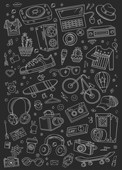 Collage elements. Templates elements of sport, clothes, equipment, music and style. Background vector illustration