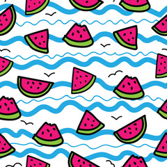 Slices of watermelon on cartoon waves background. Seamless pattern in hand drawn style. Blue, pink, green, black outline