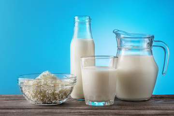 Breakfast with useful dairy products on wooden table