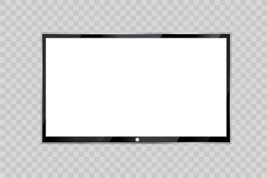 Flat led monitor of computer or black photo frame isolated on a transparent background. Vector blank screen lcd, plasma, panel or TV for your design.