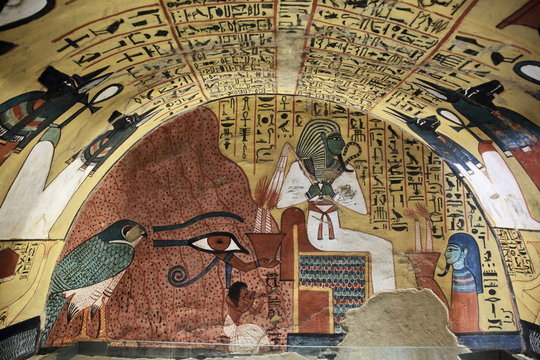 Wall painting and decoration of the tomb: ancient Egyptian gods and hieroglyphs in wall painting
