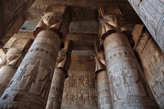 Pillars decorated with face of the Egyptian goddess Hathor in Dendera temple 