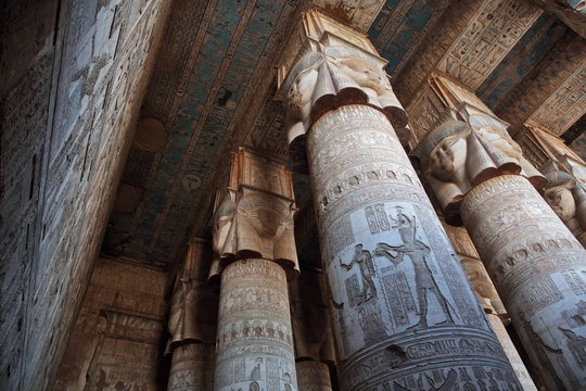 Pillars decorated with face of the Egyptian goddess Hathor in Dendera temple 