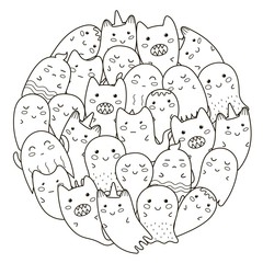 Circle shape pattern with cute ghosts for coloring book. Vector illustration